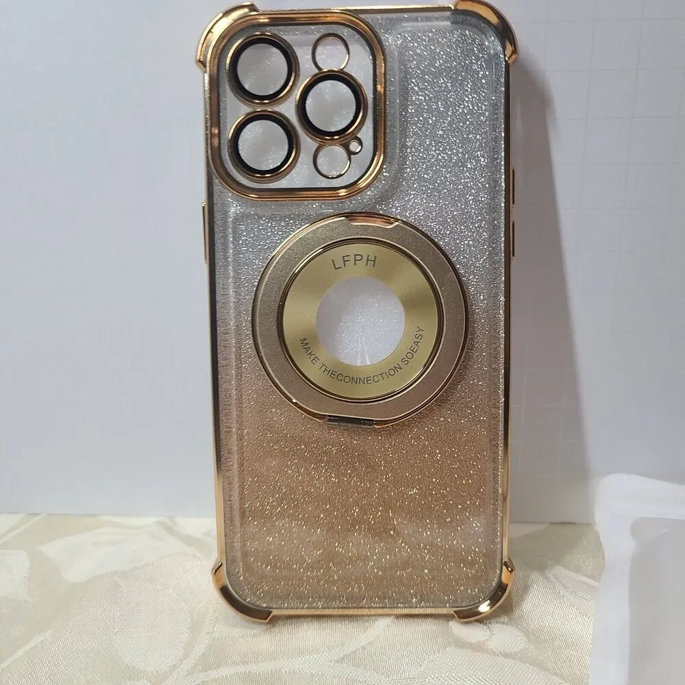 Case For iPhone 14 Pro Max Gold Silver Glitter Bling with Ring Holder